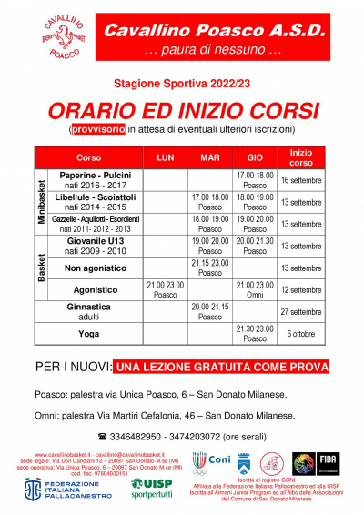 Calendario inizio corsi 2022/23